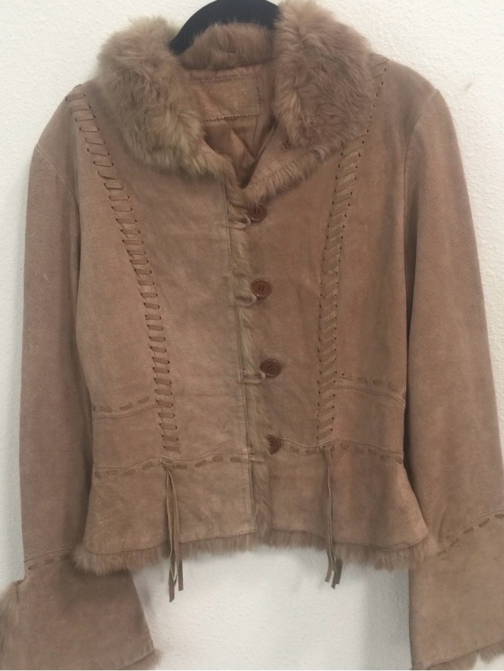Suede Leather Jacket in Taupe with rabbit trim